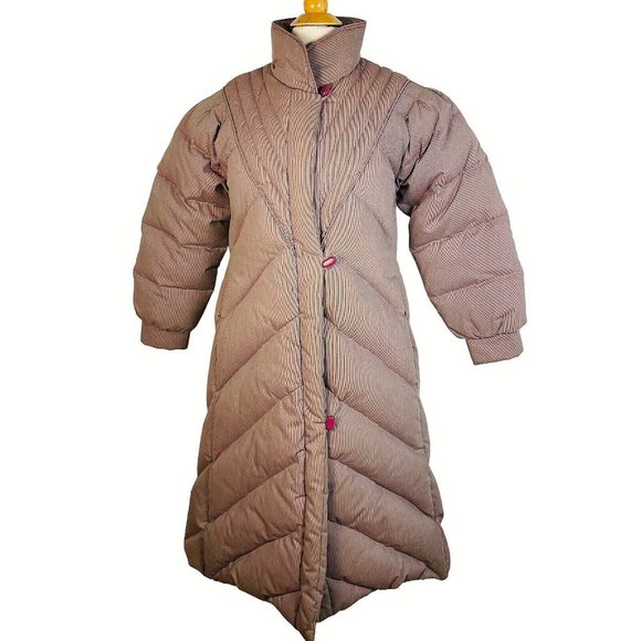 Vintage J. Gallery Down Coat size PM Burgandy & Cream pinstripe Long - Picture 2 of 16
